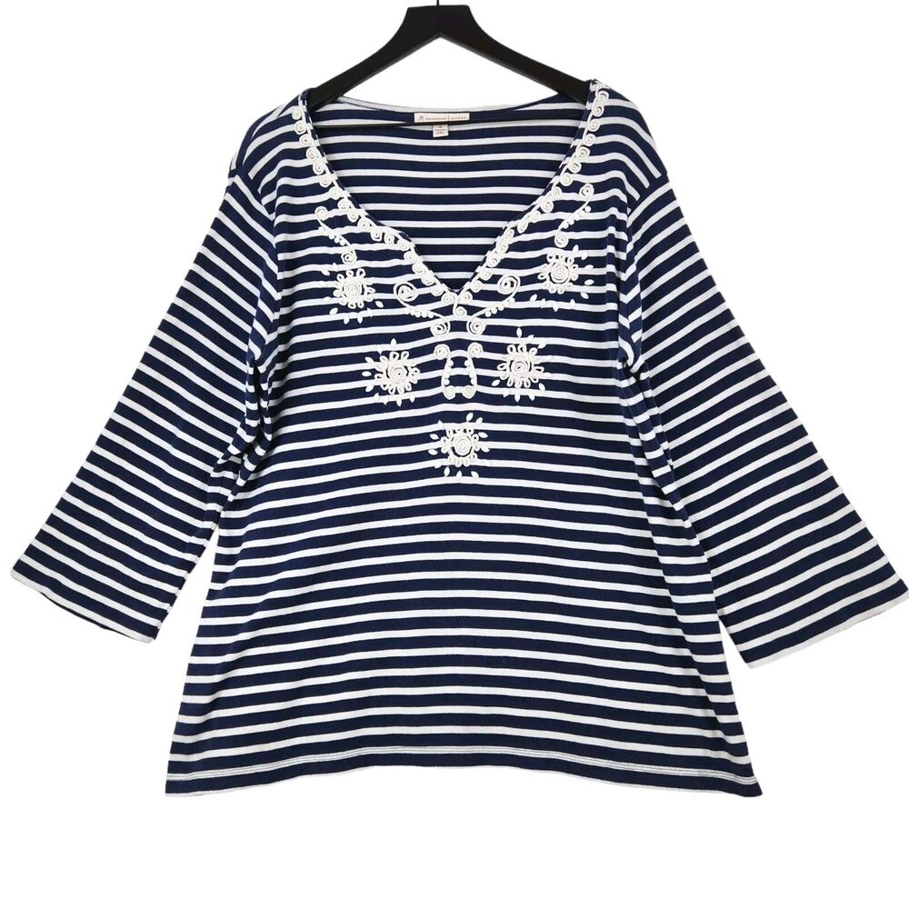 JM Collection Blouse Size 2X Blue Striped Embroidery Beads Boho Nautical V-Neck